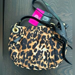 Vince Camuto leopard print nylon & leather crossbody shoulder handbag